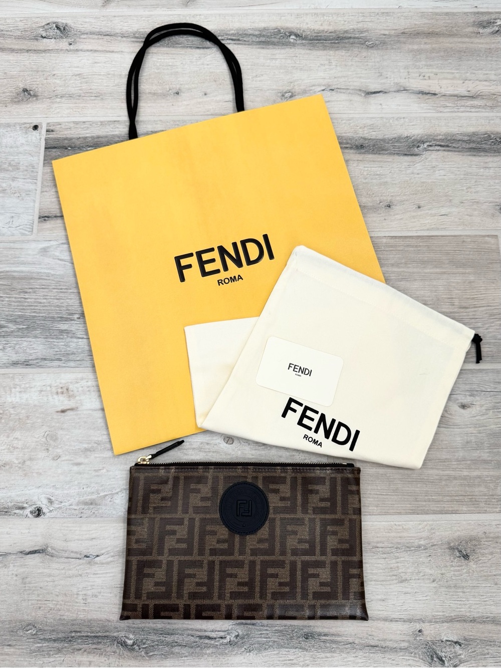 Fendi FF Motif Coated Canvas Leather Zipper Pouch Clutch